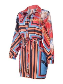 Women's Shirt Dress Wrap Dress Mini Dress Winter Dress Daily Vacation Polyester Casual Shirt Collar Button Print Long Sleeve Spring Fall Winter 2022 Regular Fit White Red Geometric Letter Stripe S M -HANA Luxury Wear Shop itocfh1631270729109