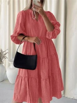 Women's Casual Dress Cotton Dress Midi Dress Cotton Basic Classic Outdoor Daily Vacation V Neck Print Long Sleeve Spring Fall Winter 2023 Loose Fit Black Yellow Red Plaid S M L XL 2XL -HANA Luxury Wear Shop itqygy1692695629877