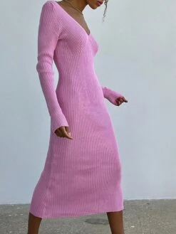 Women's Sweater Dress Jumper Dress Casual Dress Midi Dress Fashion Pure Color Outdoor Vacation Going Out V Neck Long Sleeve 2023 Regular Fit Black Pink Blue S M L -HANA Luxury Wear Shop ittahx1697538591645