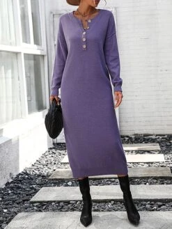 Women's Sweater Dress Jumper Dress Casual Dress Midi Dress Active Plain Outdoor Casual Holiday Vacation Crew Neck Long Sleeve Button 2023 Loose Fit Black White Purple S M L XL -HANA Luxury Wear Shop iuhajm1697595530607