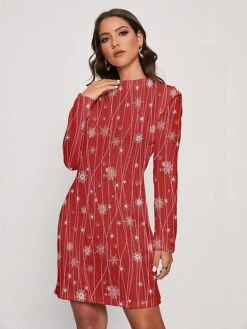 Women's Christmas Dress Sweater Dress Jumper Dress Midi Dress Warm Snowflake Outdoor Christmas Daily Holiday Round Neck Long Sleeve 2023 Regular Fit Red Blue Green S M L XL XXL 3XL