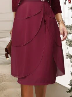 Women's Two Piece Dress Set Party Dress Lace Dress Party Office Fashion Elegant Lace Ruffle Midi Dress V Neck 3/4 Length Sleeve Plain Regular Fit Red Fall Winter S M L XL XXL -HANA Luxury Wear Shop iuimws1697167539069