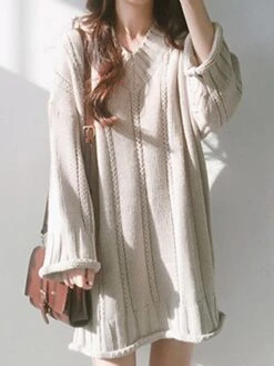 Women's Sweater Dress Jumper Dress Knit Dress Mini Dress Warm Pure Color Outdoor Home Casual Vacation V Neck Long Sleeve 2023 Loose Fit Black Burgundy Apricot One Size -HANA Luxury Wear Shop iuszcq1694166171530