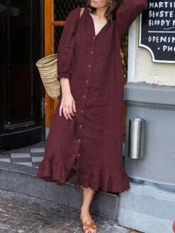 Women's Casual Dress Cotton Dress Black Dress Midi Dress Cotton Fashion Daily Outdoor Daily Vacation Stand Collar Ruffle Button 3/4 Length Sleeve Fall Autumn 2023 Loose Fit Black Wine Blue Plain S M -HANA Luxury Wear Shop iuxkyt1692947504075