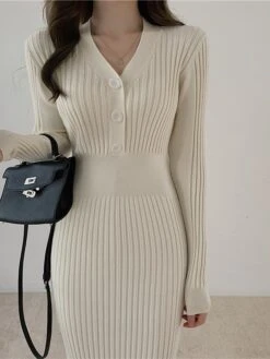 Women‘s Sweater Dress Winter Dress Sheath Dress Midi Dress Black White Green Long Sleeve Pure Color Button Fall Winter Autumn V Neck Stylish Winter Dress Fall Dress 2023 One-Size -HANA Luxury Wear Shop ivcrcx1665656617117