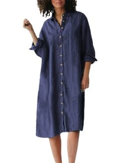 Women's Shirt Dress Casual Dress Cotton Linen Dress Midi Dress Linen / Cotton Blend Basic Classic Outdoor Daily Vacation Shirt Collar Button Long Sleeve Spring Fall Autumn 2023 Loose Fit ArmyGreen -HANA Luxury Wear Shop ivhixs1692267145434