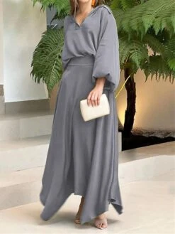 Women's Two Piece Dress Set Casual Dress Skirt Set Daily Date Streetwear Elegant Pocket Long Dress Maxi Dress Shirt Collar Long Sleeve Plain Loose Fit Black Wine Blue Fall Winter S M L XL XXL -HANA Luxury Wear Shop ivircj1694085332794