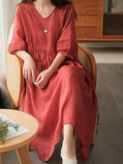 Women's Casual Dress Cotton Linen Dress Swing Dress Midi Dress Cotton Blend Basic Casual Outdoor Daily V Neck Ruched 3/4 Length Sleeve Summer Spring 2023 Loose Fit Black White Yellow Pure Color M L -HANA Luxury Wear Shop ivjind1677135407069