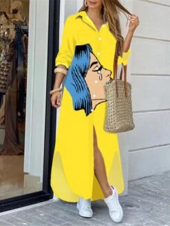 Women's Shirt Dress Casual Dress Maxi Long Dress Outdoor Daily Polyester Fashion Modern Shirt Collar Button Print Long Sleeve Spring Fall 2023 Regular Fit Black Yellow Pink Geometric Color Block -HANA Luxury Wear Shop ivvdsi1691465447386