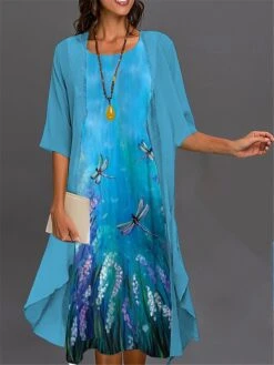 Women's Two Piece Dress Set Casual Dress Print Dress Outdoor Daily Fashion Elegant Print Midi Dress Crew Neck 3/4 Length Sleeve Floral Loose Fit Blue Sky Blue Dark Green Summer Spring S M L XL XXL
