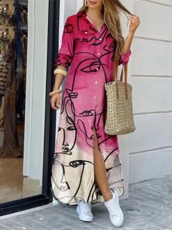 Women's Shirt Dress Casual Dress Shift Dress Maxi Long Dress Outdoor Daily Vacation Polyester Fashion Modern Shirt Collar Button Split Long Sleeve Summer Spring Fall 2023 Regular Fit White Yellow Red -HANA Luxury Wear Shop iwuttz1691045294901