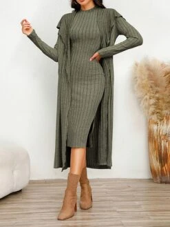 Women's Two Piece Dress Set Casual Dress Sheath Dress Home Daily Fashion Streetwear Split Midi Dress Stand Collar Long Sleeve Plain Slim Black Army Green Gray Fall Winter S M L XL XXL -HANA Luxury Wear Shop iwvqkc1695813700516