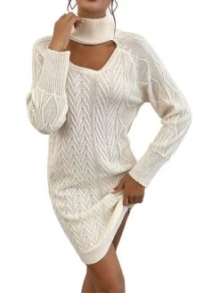 Women's Sweater Dress Winter Dress Jumper Dress Mini Dress Cut Out Outdoor Street Daily Fashion Streetwear Stand Collar Long Sleeve 2023 Loose Fit Apricot Color S M L Size -HANA Luxury Wear Shop ixbhtd1695036514612