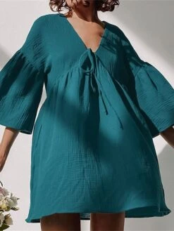 Women's Casual Dress Cotton Linen Dress Mini Dress Cotton Daily Basic Outdoor Home Daily V Neck Ruched Button 3/4 Length Sleeve Fall Autumn 2023 Loose Fit Navy Blue Blue Purple Plain S M L -HANA Luxury Wear Shop ixeezg1692936382675