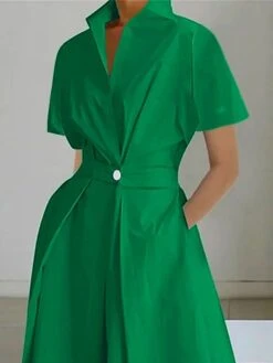 Women's Shirt Dress Casual Dress Swing Dress Midi Dress Outdoor Daily Vacation Polyester Fashion Modern Split Neck Button Pocket Short Sleeve Summer Spring 2023 Regular Fit White Green Plain S M L XL -HANA Luxury Wear Shop ixpxgl1691477524598