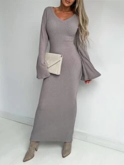 Women‘s Sweater Dress Winter Dress Jumper Dress Long Dress Maxi Dress Active Pure Color Outdoor Casual Holiday Vacation V Neck Long Sleeve 2023 Loose Fit Black White Gray S M L XL XXL 3XL