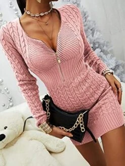Women's Sweater Dress Jumper Dress Sheath Dress Mini Dress Warm Pure Color Outdoor Casual Holiday Going Out V Neck Long Sleeve Zipper 2023 Slim Black White Pink S M L XL XXL 3XL -HANA Luxury Wear Shop iyshno1694166174075