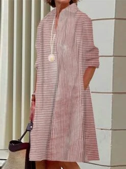 Women's Shirt Dress Casual Dress Midi Dress Outdoor Office Daily Polyester Fashion Modern Shirt Collar Button Pocket Long Sleeve Summer Spring Fall 2023 Loose Fit Pink Blue Green Striped S M L XL 2XL -HANA Luxury Wear Shop izudeu1690436906557