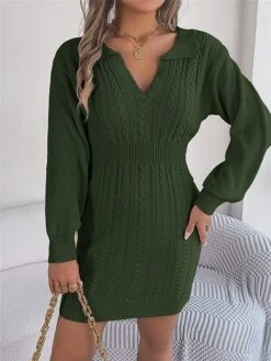 Women's Sweater Dress Winter Dress Jumper Dress Mini Dress Warm Pure Color Outdoor Casual Holiday Vacation V Neck Long Sleeve 2023 Regular Fit Pink Burgundy Green S M L -HANA Luxury Wear Shop jarxeu1696926498248