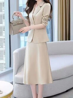 Women's Two Piece Dress Set Work Dress Skirt Set Formal Office Streetwear Elegant Button Pocket Midi Dress Shirt Collar Long Sleeve Plain Regular Fit Black Purple Beige Fall Winter M L XL XXL 3XL -HANA Luxury Wear Shop jaudaq1694498844092