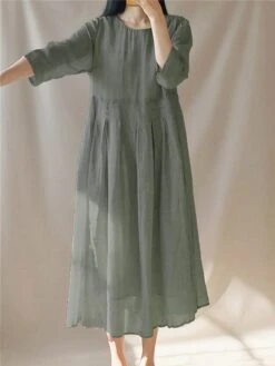 Women's Casual Dress Cotton Linen Dress Swing Dress Midi Dress Cotton Blend Basic Casual Outdoor Daily Vacation Crew Neck Ruched Pocket 3/4 Length Sleeve Summer Spring 2023 Loose Fit Yellow Gray Plain -HANA Luxury Wear Shop javlrp1679032704251