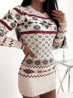 Women‘s Christmas Sweater Dress Jumper Dress Winter Dress Warm Geometric Plaid Print Outdoor Christmas Casual Daily Crew Neck Long Sleeve 2023 Regular Fit Red Blue Apricot S M L XL -HANA Luxury Wear Shop jbblqk1694165720699