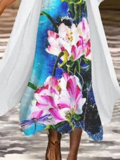 Women's Two Piece Dress Set Casual Dress Chiffon Dress Outdoor Office Fashion Casual Print Midi Dress Crew Neck 3/4 Length Sleeve Floral Loose Fit Blue Green Summer Spring M L XL XXL 3XL -HANA Luxury Wear Shop jbotfq1680257464607