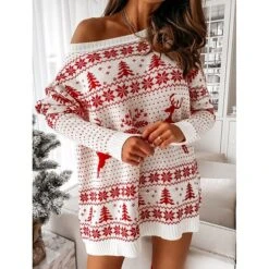 Women‘s Christmas Sweater Dress Winter Dress Casual Dress Red White Long Sleeve Elk Tree Snowflake Knit Print Winter Fall Crew Neck Fashion Casual Fit 2022 S M L XL -HANA Luxury Wear Shop jcdnks1662546640812