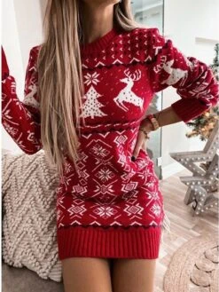 Women‘s Christmas Sweater Dress Winter Dress Sheath Dress Short Mini Dress Red Navy Blue Gray Long Sleeve Elk Snowman Snowflake Knit Fall Winter Round Neck Turtleneck Stylish Casual 2022 S M L XL XXL -HANA Luxury Wear Shop jcvjdg1663151833595