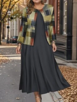 Women's Plus Size Two Piece Dress Set Casual Dress Swing Dress Outdoor Office Fashion Streetwear Print Midi Dress Crew Neck Long Sleeve Plaid Regular Fit Black Blue Brown Fall Winter L XL XXL 3XL 4XL -HANA Luxury Wear Shop jedlul1697782565774