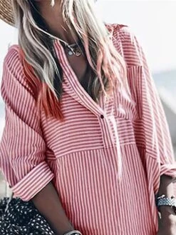 Women's Shirt Dress Casual Dress Mini Dress Outdoor Daily Vacation Polyester Fashion Modern Shirt Collar Button Pocket 3/4 Length Sleeve Spring Fall Winter 2023 Loose Fit Red Blue Striped S M L XL XXL -HANA Luxury Wear Shop jekagp1691648671989