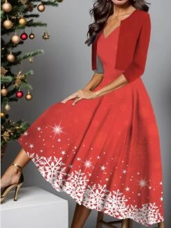 Women's Two Piece Dress Set Casual Dress Swing Dress Outdoor Christmas Fashion Elegant Print Midi Dress V Neck Half Sleeve Christmas Tree Snowflake Regular Fit Wine Red Navy Blue Fall Winter S M L XL -HANA Luxury Wear Shop jfzuzf1697181062319