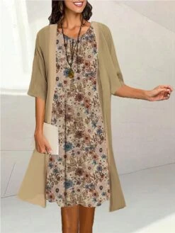 Women's Two Piece Dress Set Casual Dress Print Dress Outdoor Daily Fashion Elegant Print Midi Dress Crew Neck 3/4 Length Sleeve Floral Loose Fit Black Yellow Purple Summer Spring S M L XL XXL -HANA Luxury Wear Shop jgakln1690171229867