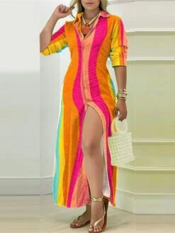 Women's Shirt Dress Casual Dress Maxi Long Dress Outdoor Daily Vacation Polyester Fashion Casual Shirt Collar Button Split Long Sleeve Summer Spring Fall 2023 Loose Fit Black Yellow Blue Plaid Striped -HANA Luxury Wear Shop jgavvd1689737639221