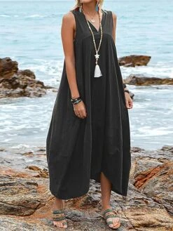 Women's Casual Dress Cotton Dress Swing Dress Maxi Long Dress Cotton Blend Basic Classic Outdoor Daily V Neck Pocket Sleeveless Summer Spring 2023 Regular Fit Black Wine Khaki Plain S M L XL 2XL -HANA Luxury Wear Shop jgjudw1686713214058