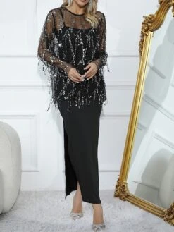 Women's Two Piece Dress Set Party Dress Sheath Dress Party Wedding Guest Fashion Party Mesh Split Long Dress Maxi Dress Crew Neck Long Sleeve Plain Loose Fit Black Fall Winter S M L XL XXL -HANA Luxury Wear Shop jgoimd1696926219342