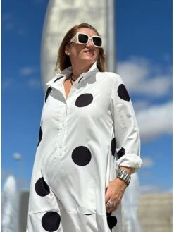 Women's Shirt Dress Casual Dress Midi Dress Outdoor Office Daily Cotton Fashion Modern Shirt Collar Button Pocket 3/4 Length Sleeve Summer Spring Fall 2023 Regular Fit White Polka Dot S M L XL XXL -HANA Luxury Wear Shop jgumpr1695121856094