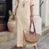 Women's Casual Dress Cotton Linen Dress Shift Dress Midi Dress Cotton Blend Fashion Classic Outdoor Daily Vacation Crew Neck Pocket Split Short Sleeve Summer Spring 2023 Loose Fit ArmyGreen Wine Navy -HANA Luxury Wear Shop jhcwqu1686883747198