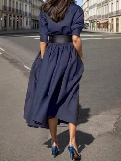 Women's Shirt Dress Casual Dress Swing Dress Maxi Long Dress Outdoor Daily Vacation Cotton Basic Modern Shirt Collar Button Pocket Long Sleeve Spring Fall 2023 Loose Fit Navy Blue Plain S M L XL 2XL -HANA Luxury Wear Shop jhkflt1694266967205
