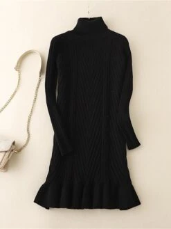 Women's Sweater Dress Jumper Dress Winter Dress Mini Dress Warm Plain Outdoor Daily Vacation Going Out Turtleneck Long Sleeve Ruffle 2023 Slim Black Blue Apricot One Size -HANA Luxury Wear Shop jhydji1697711283008