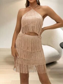 Women's Two Piece Dress Set Party Dress Skirt Set Party Holiday Fashion Party Tassel Fringe Backless Mini Dress Halter Neck Sleeveless Plain Slim Khaki Spring Fall S M L -HANA Luxury Wear Shop jiddgu1692945866397
