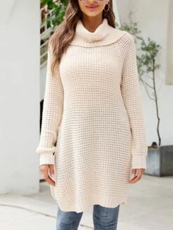Women's Sweater Dress Winter Dress Jumper Dress Mini Dress Split Daily Date Going Out Active Fashion Turtleneck Long Sleeve 2023 Loose Fit Dark Blue Beige Color S M L XL Size -HANA Luxury Wear Shop jidnqc1692857065229