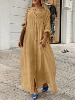 Women's Shirt Dress Casual Dress Cotton Linen Dress Maxi Long Dress Linen / Cotton Blend Basic Classic Outdoor Daily Vacation Shirt Collar Button Pocket 3/4 Length Sleeve Summer Spring Fall 2023 -HANA Luxury Wear Shop jiocny1692084275618