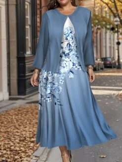 Women's Plus Size Two Piece Dress Set Casual Dress Swing Dress Outdoor Office Fashion Streetwear Print Midi Dress Crew Neck Long Sleeve Floral Ombre Regular Fit Blue Purple Green Fall Winter L XL XXL -HANA Luxury Wear Shop jiutio1697784919063