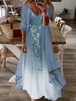 Women's Two Piece Dress Set Casual Dress Print Dress Outdoor Daily Fashion Casual Print Long Dress Maxi Dress V Neck 3/4 Length Sleeve Floral Regular Fit Pink Blue Sky Blue Summer Spring S M L XL XXL -HANA Luxury Wear Shop jjqqgw1688698698307