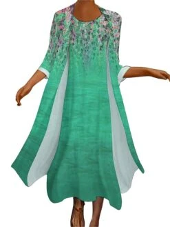 Women's Dress Set Two Piece Dress Long Dress Maxi Dress Blue Green Long Sleeve Color Block Print Summer Spring Crew Neck Vacation Winter Dress Fall Dress Loose Fit 2023 S M L XL XXL 3XL 4XL 5XL -HANA Luxury Wear Shop jjwptn1663758523539