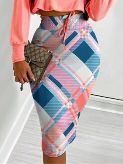 Women's Two Piece Dress Set Casual Dress Skirt Set Daily Going Out Modern Casual Drawstring Print Midi Dress Crew Neck Long Sleeve Plaid Regular Fit Red Fall Winter S M L XL -HANA Luxury Wear Shop jkmbsq1695364271097