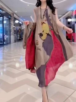 Women's Two Piece Dress Set Casual Dress Swing Dress Daily Holiday Fashion Casual Print Long Dress Maxi Dress Crew Neck 3/4 Length Sleeve Leaf Floral Loose Fit Yellow Red Dark Green Summer Spring M L -HANA Luxury Wear Shop jkojfe1691463792756