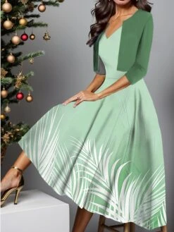 Women's Two Piece Dress Set Casual Dress Swing Dress Outdoor Daily Fashion Elegant Print Midi Dress V Neck Half Sleeve Leaf Regular Fit Pink Blue Green Fall Winter S M L XL XXL -HANA Luxury Wear Shop jkrqoe1697424506061