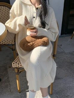 Women's Sweater Dress Jumper Dress Casual Dress Midi Dress Fashion Pure Color Outdoor Daily Vacation Going Out Lapel Long Sleeve Patchwork Button 2023 Regular Fit White Camel One Size -HANA Luxury Wear Shop jljcyj1695280920154